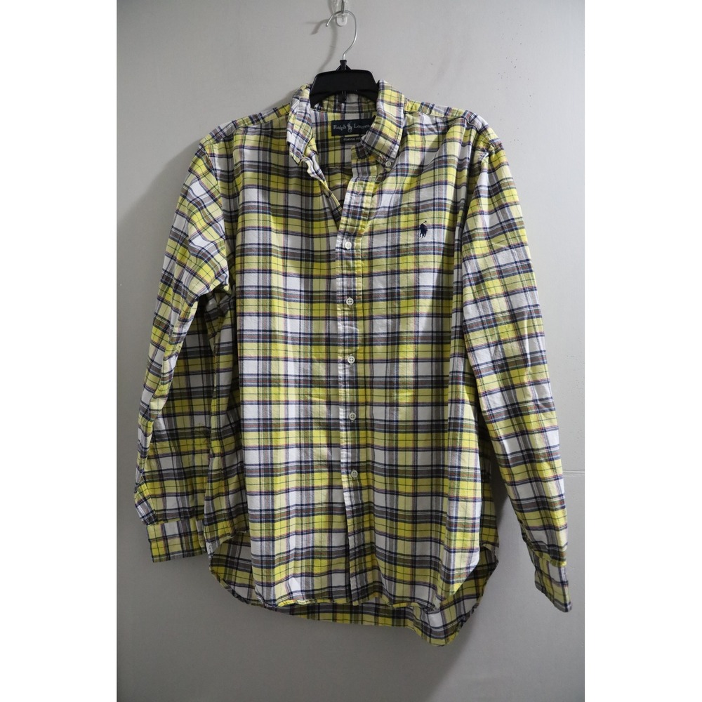 Ralph Lauren Vintage Mens Large Classic Fit Plaid Button Down Shirt Yellow L